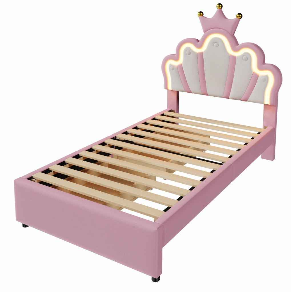 Letto imbottito 90x200 cm; testiera regolabile e luci LED; PU rosa (Senza materasso)