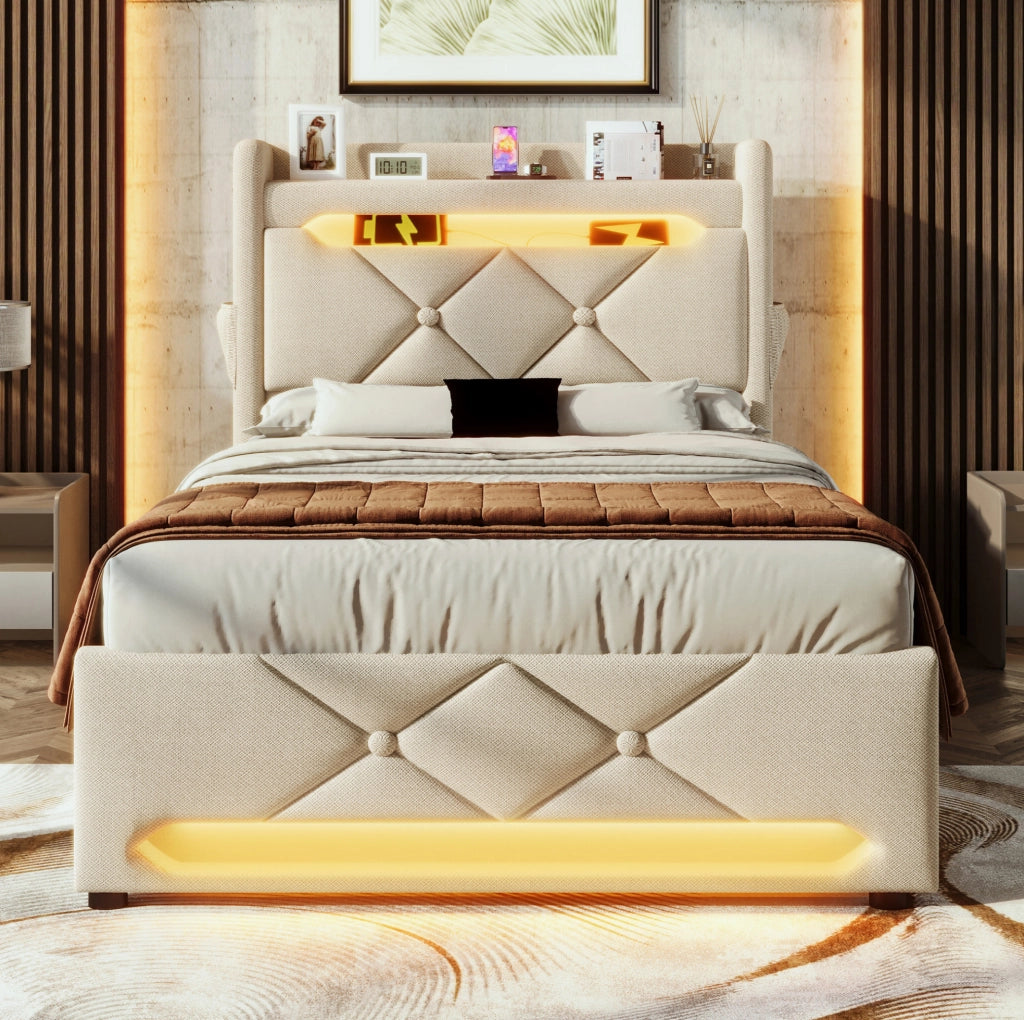 Letto singolo 90x200 cm con LED; 3 USB e USB C; contenitore idraulico; tessuto di lino beige
