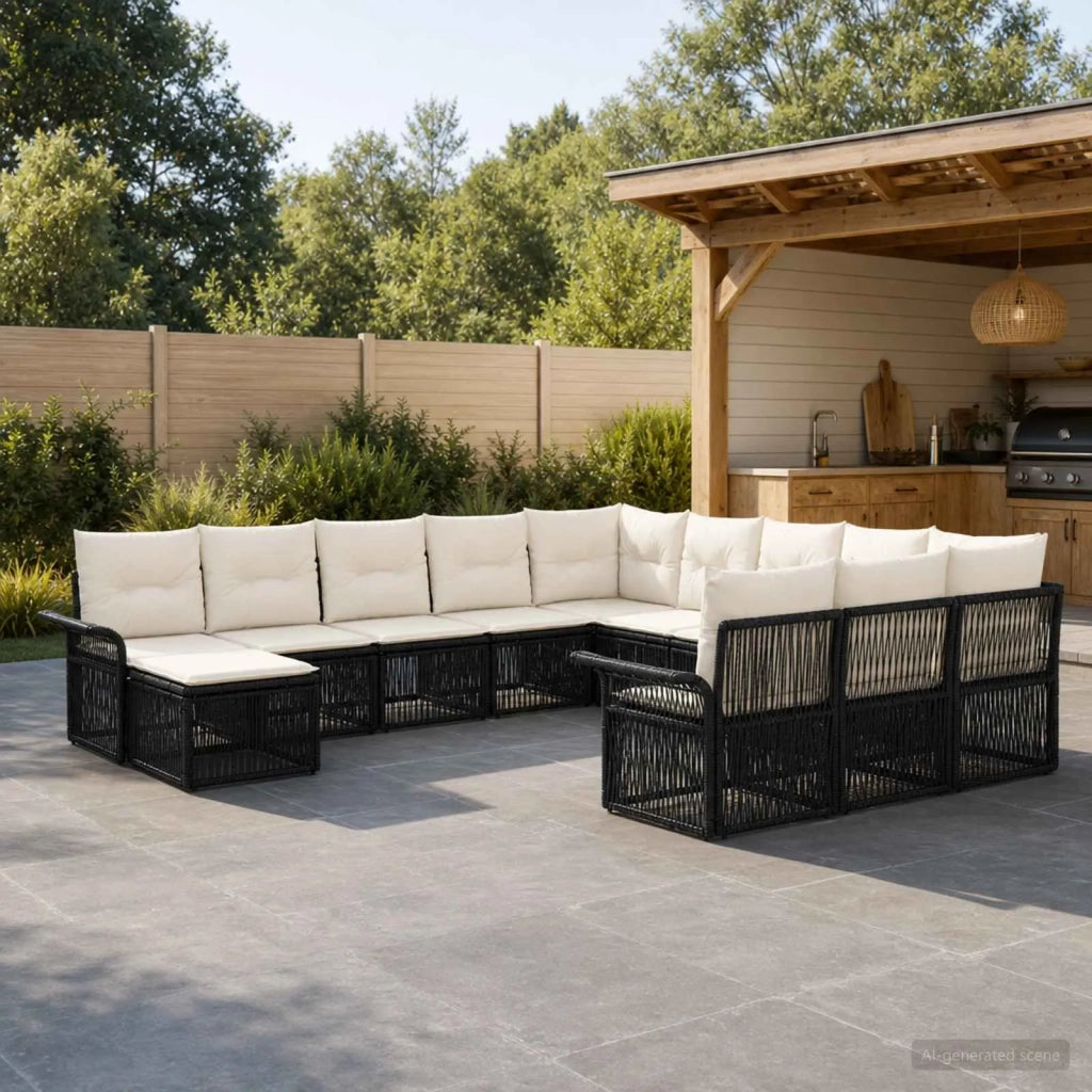 Set Divano da Giardino 12 pz Nero e Bianco Crema polyrattan 3435034