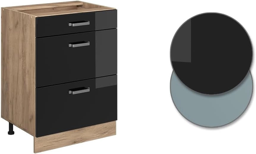 Mobiletto base per cucina R-Line, Nero lucido, 60 cm con cassetti, senza piano di lavoro, per la libera combinazione all'interno di sistemi cucina modulari