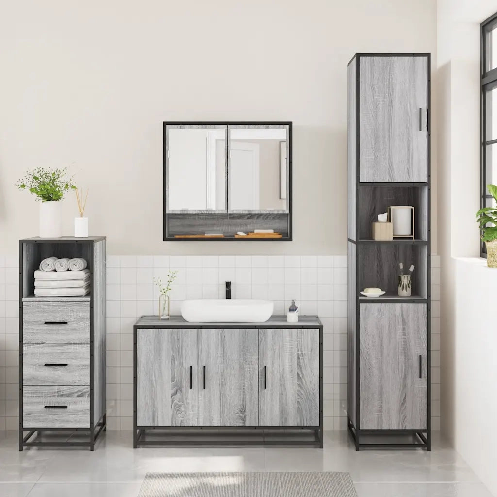 Set Mobili da Bagno 3 pz Grigio Sonoma in Legno Multistrato