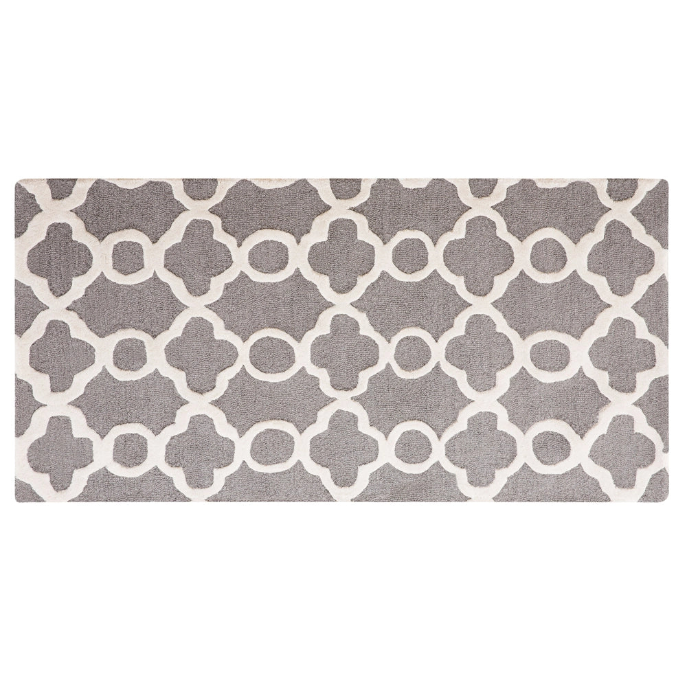 Tappeto Grigio Lana 80 x 150 cm Traliccio Motivo Quadrifoglio Trapuntato a Mano Orientale Trifoglio Marocchino