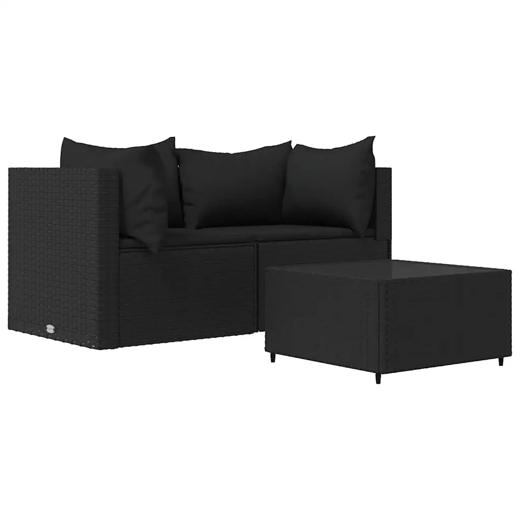 Set Divani da Giardino 3 pz | Set Salotto da Giardino con Cuscini Nero in Polyrattan