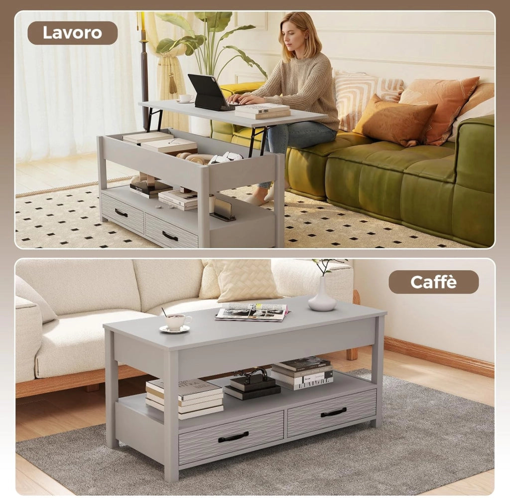 Tavolino da Caffè con Piano Sollevabile, Tavolo Basso con 2 Cassetti, Scomparto Nascosto e Mensola Aperta, Tavolino Rettangolare da Salotto, Studio e Ufficio, 100 x 46 x 50 cm, Grigio