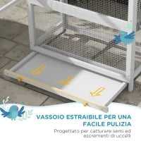 Voliera per Uccellini a 3 Porte con Casetta e Vassoio, in Legno e Metallo, 92x52x171 cm, Grigia e Nera