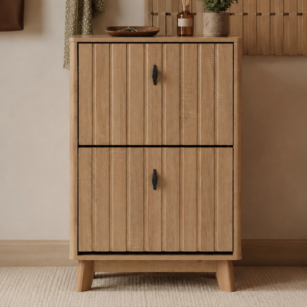Scarpiera con 2 ante, ripiani regolabili e vano chiuso, stile nordico, per ingresso, in MDF e truciolare, rovere