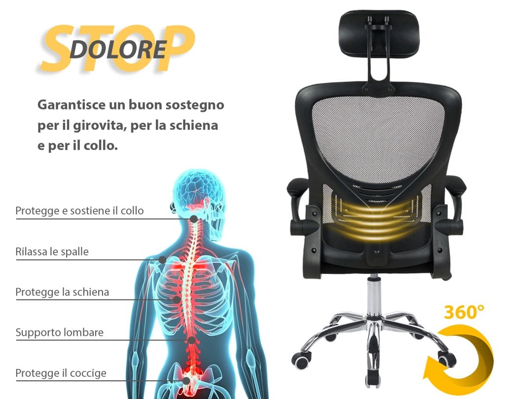 Sedia Da Ufficio Con Supporto Lombare, Poltrona Scrivania Ergonomica Braccioli Regolabili Altezza Regolabile Schienale in Rete Traspirante,Oscillante con Ruote Girevoli Con Poggiatesta