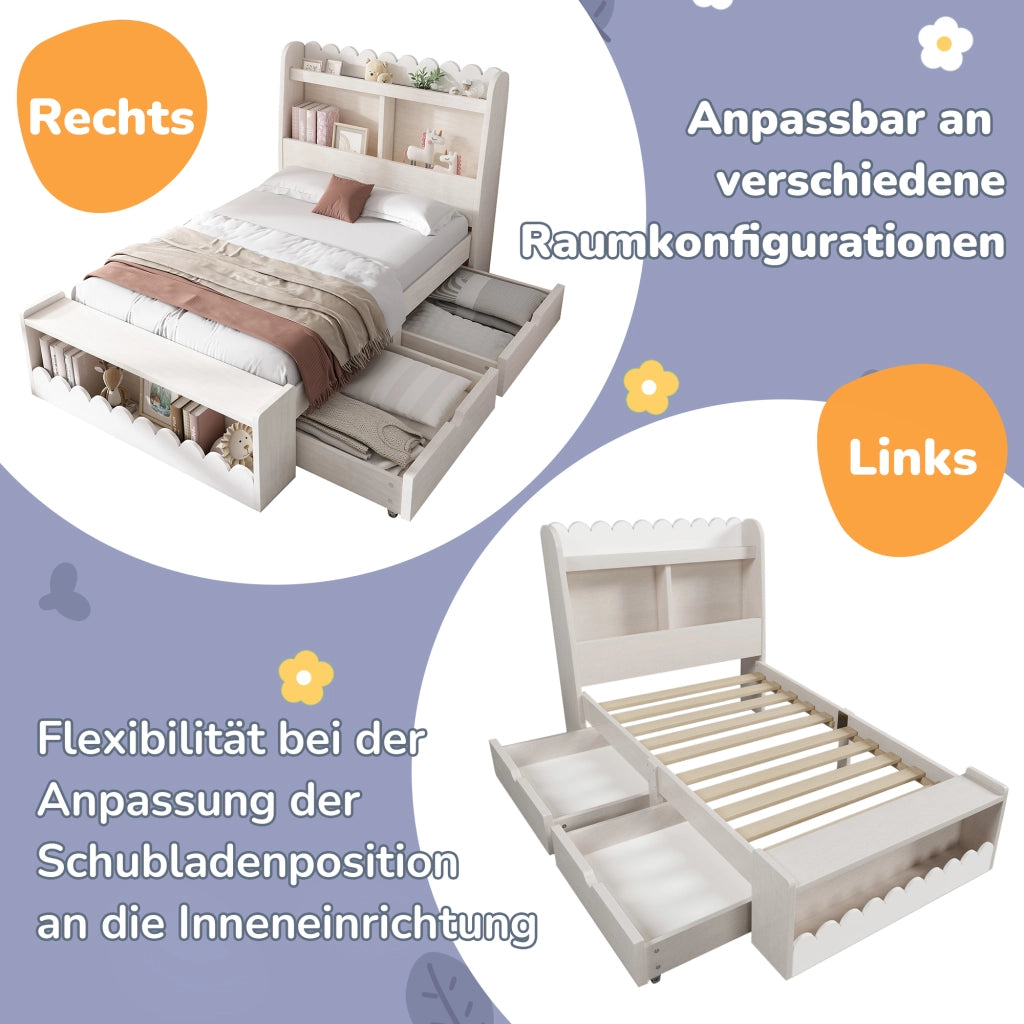OKWISH Letto Bambino 90×190 cm, Letto Singolo con 2 Cassetti, Mensole e Panca con Contenitore, senza Materasso, in Legno, Bianco e Rovere Chiaro