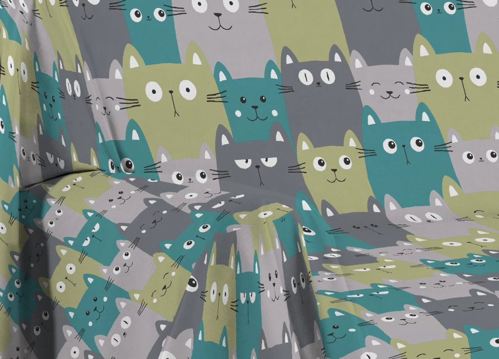 Telo Arredo Multiuso Linea Pensieri Delicati In Cotone Disegno Happy Cat - Singolo - Verde
