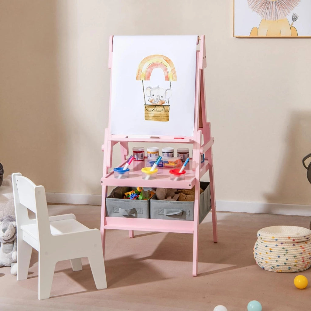 3 in 1 Cavalletto per Bambini, Cavalletto con Doppia Faccia Magnetica e Lavagna Bianca, Rotolo di Carta, 3 Bicchieri per Vernice e 2 Cestini in Tessuto, per Bambini 3-6 Anni (Rosa)