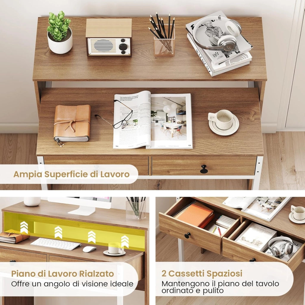 Scrivania per Computer, Tavolo Salvaspazio Retrattile con Cassetti e Ruote Universali Bloccabile, 100 x 63 x 88 cm, Desk Gaming per Ufficio, Soggiorno e Camera da Letto (Naturale)