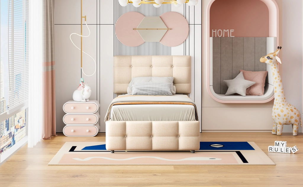 DESMIU Letto estraibile letto singolo 90 × 200 cm 2 posti con testiera regolabile, senza materasso, beige