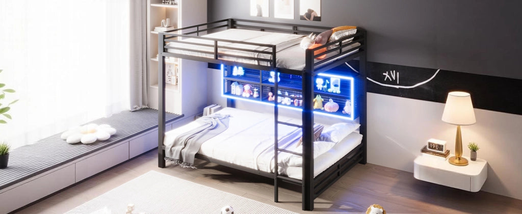 Letto a castello 140x200 in metallo nero con contenitore e luci LED