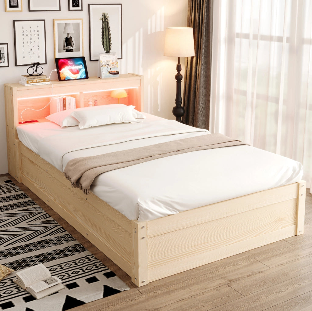 Letto multifunzione 90x200 cm con presa integrata; LED e contenitore idraulico; colore legno