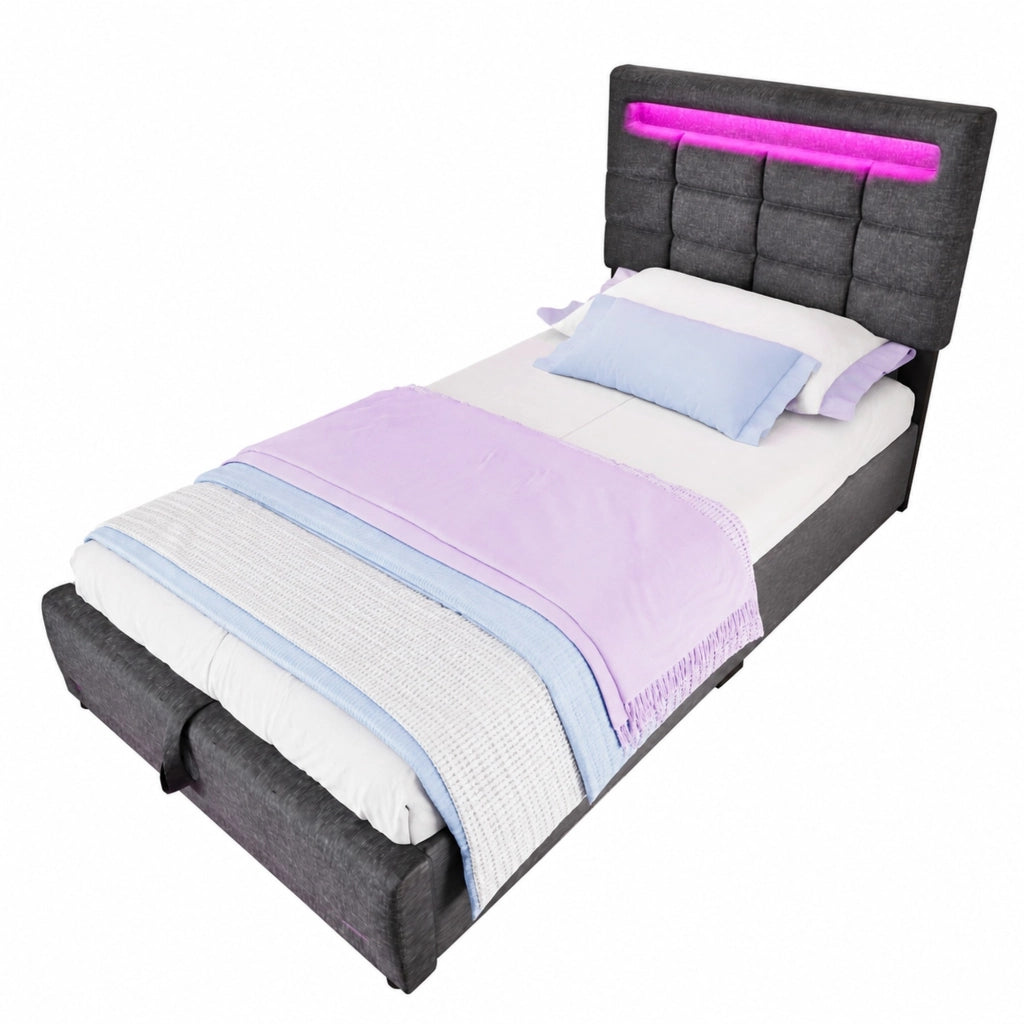 Letto imbottito 90x200 cm in lino grigio con LED APP; vano contenitore idraulico e porta USB