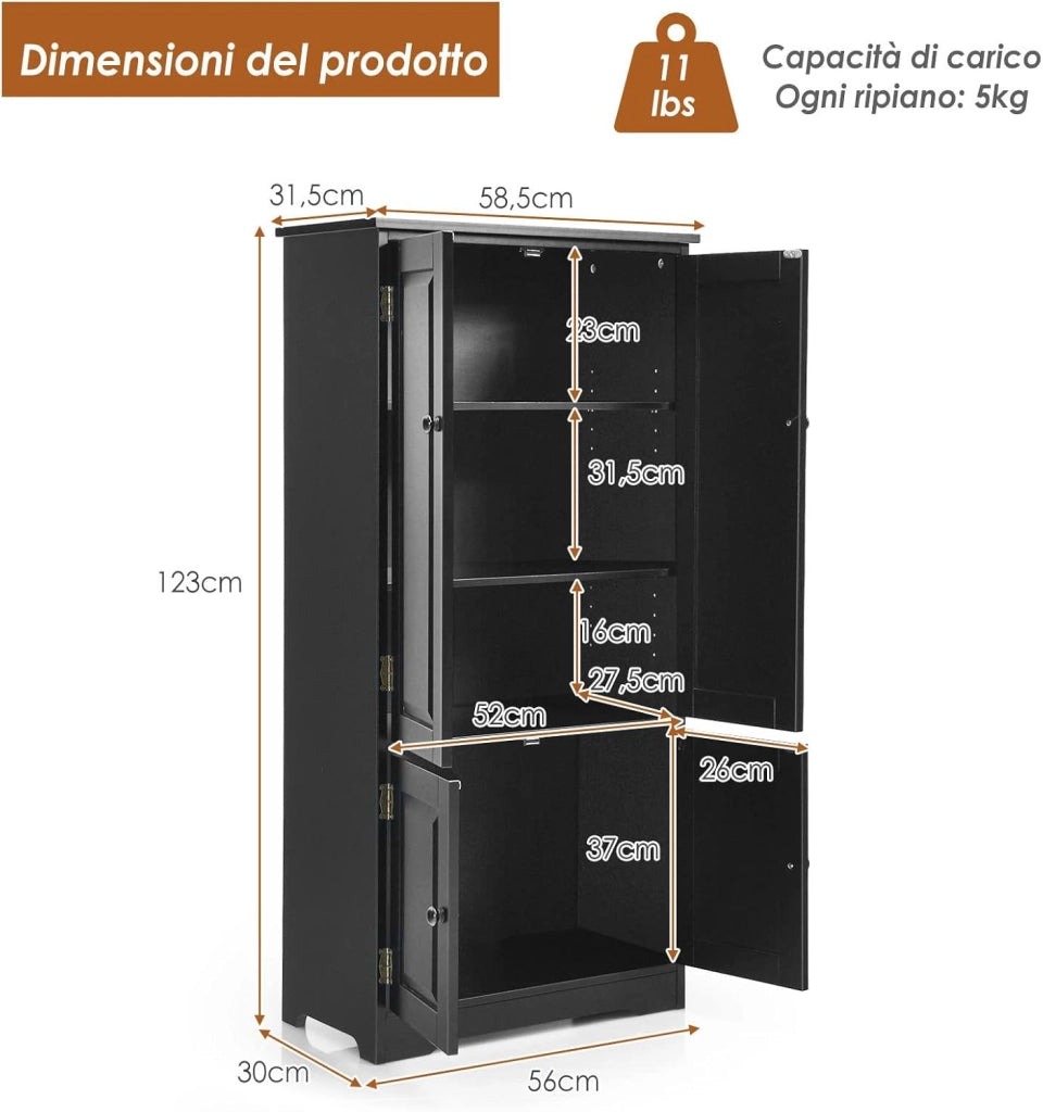 Mobile Multiuso, Armadio da Soggiorno, Credenza da Cucina in Legno, con 4 Ripiani, 58,5 x 31,4 x 123cm, Bianco e Nero (Nero)