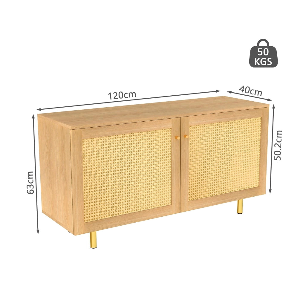 Mobile contenitore a 2 ante con ante in rattan intrecciato, struttura in MDF e piedini in metallo, finitura naturale 120×40×63 cm