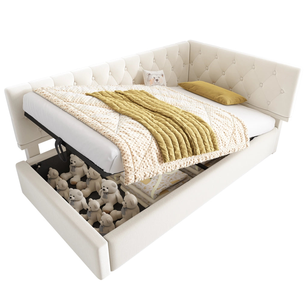 Daybed singolo – 90x190 cm – contenitore idraulico rete legno – velluto beige