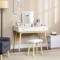 Set di Toeletta con Sgabello, 2 Cassetti e Specchio Ribaltabile, Stile Scandinavo, 100 x 45 x 118 cm, Bianco