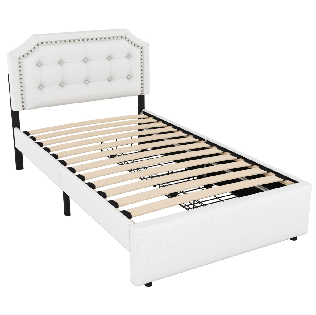 Letto imbottito 90x200 cm con cassetti; MDF e lino; beige chiaro