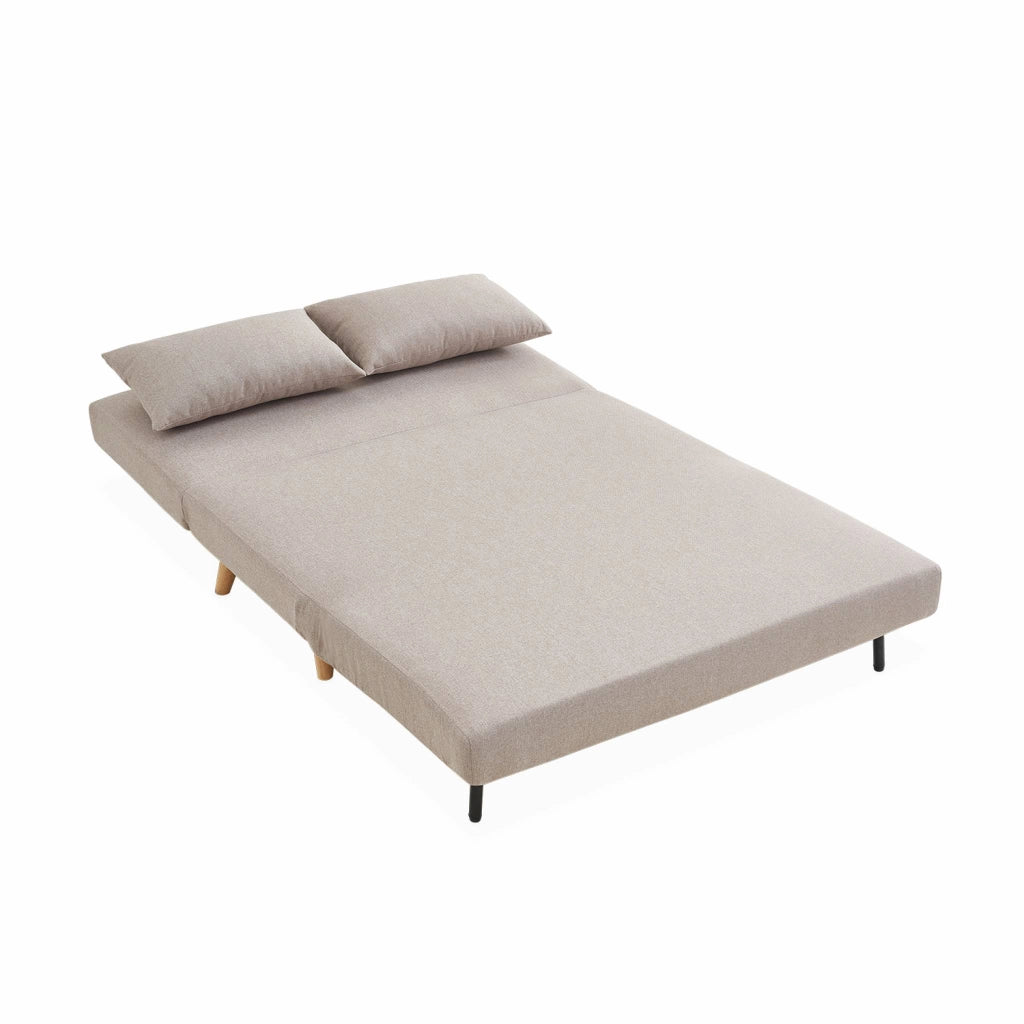 Divano letto in tessuto con gambe in legno, 2 posti, beige