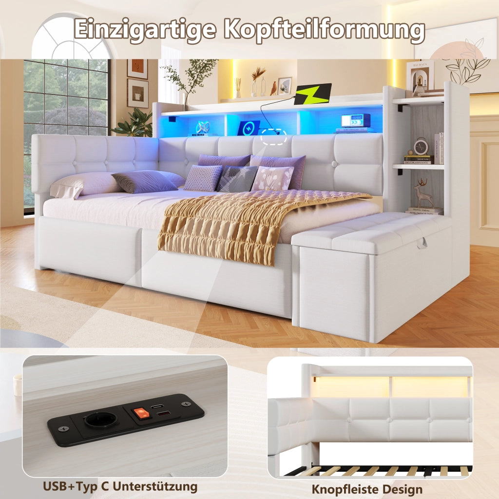 Letto Diurno con Cassetti, LED e USB ¨C MINIMAL ¨C Velluto Bianco 90x190