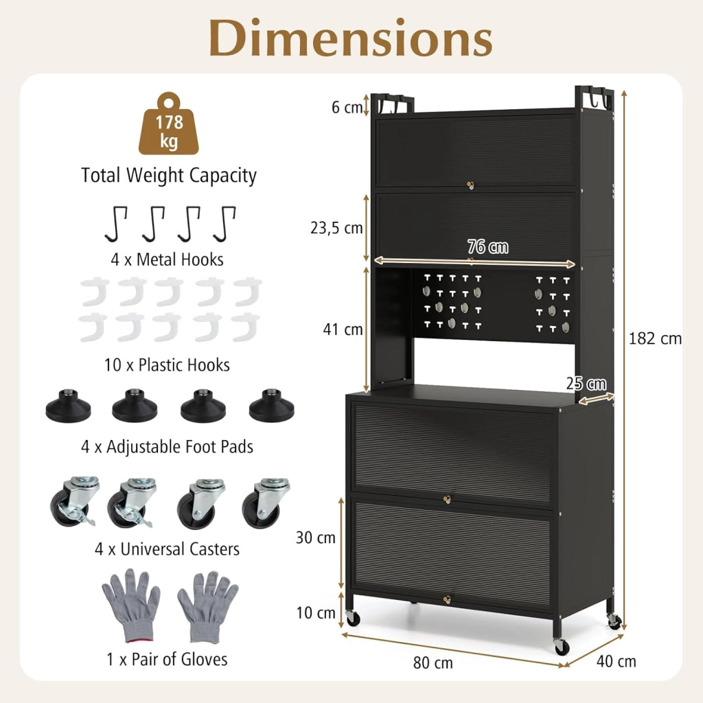 Mobile da cucina alto a 6 livelli, credenza cucina con ruote, 10 ganci, ante pieghevole, pannello perforato, mobile vetrina in acciaio, per soggiorno, sala da pranzo (nero)