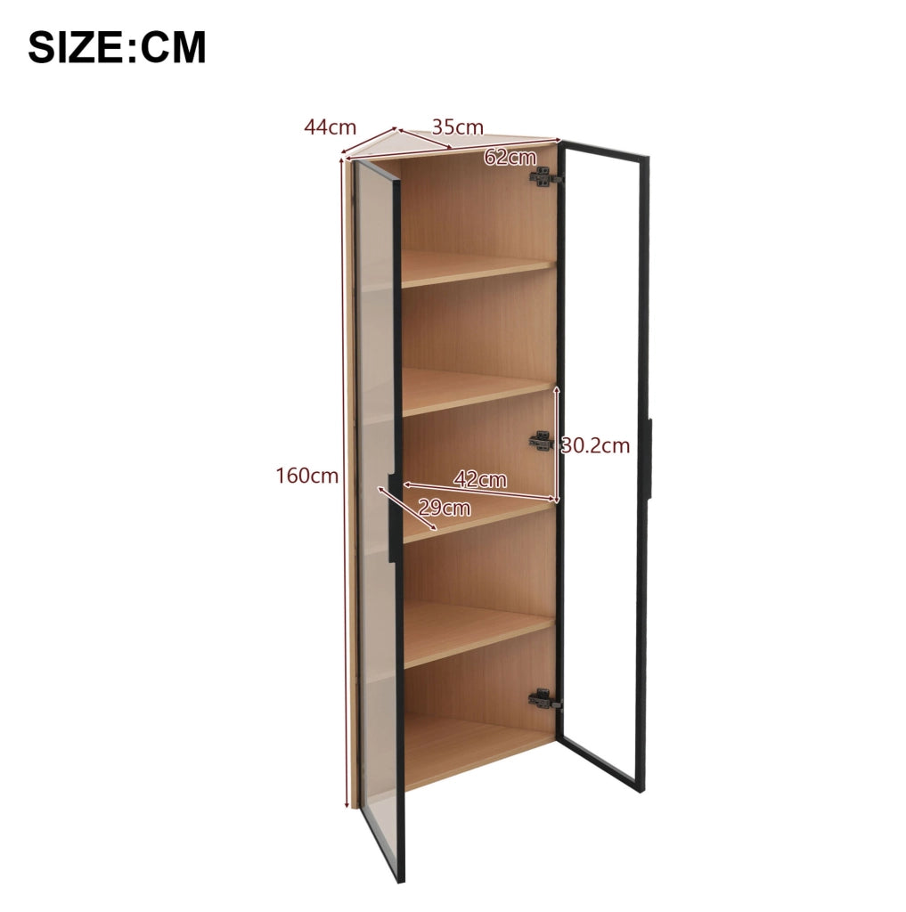 Vetrina angolare in MDF effetto rovere con LED e vetro temprato 62x35x160 cm