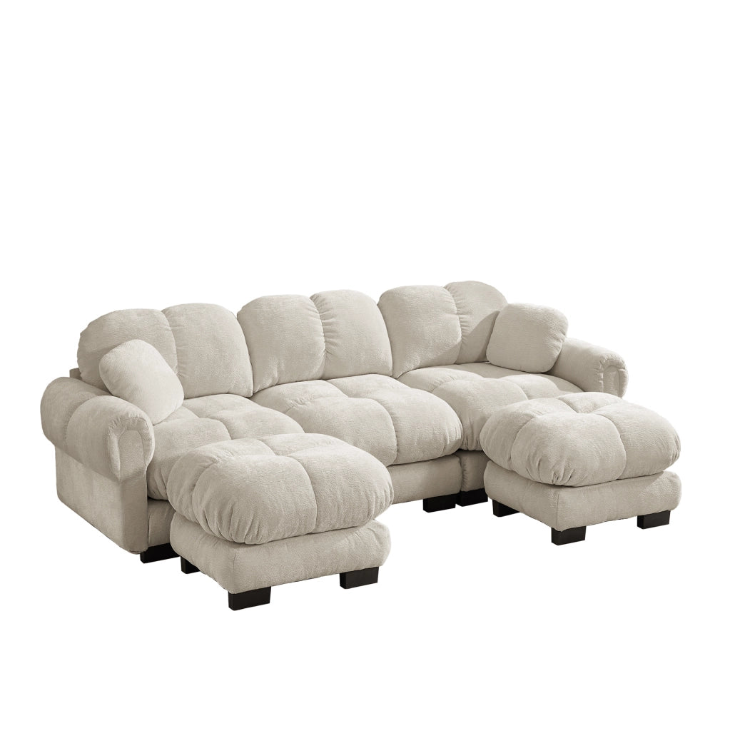 Divano a U 260x149x90 cm in ciniglia color kaki chiaro con pouf mobile