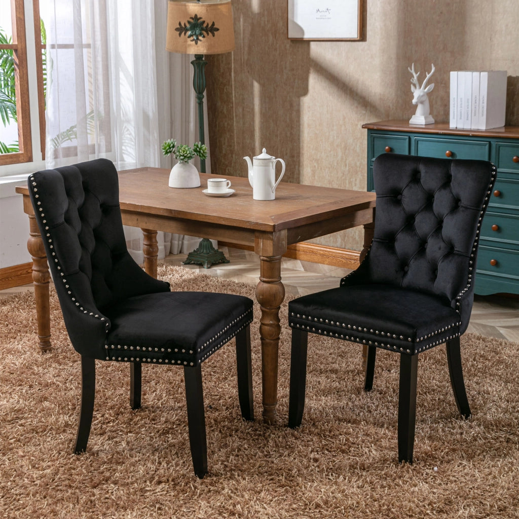 Sedie da Pranzo Imbottite in Velluto con Gambe in Legno Massello ¨C MINIMAL ¨C Set 2 Pezzi, Nero