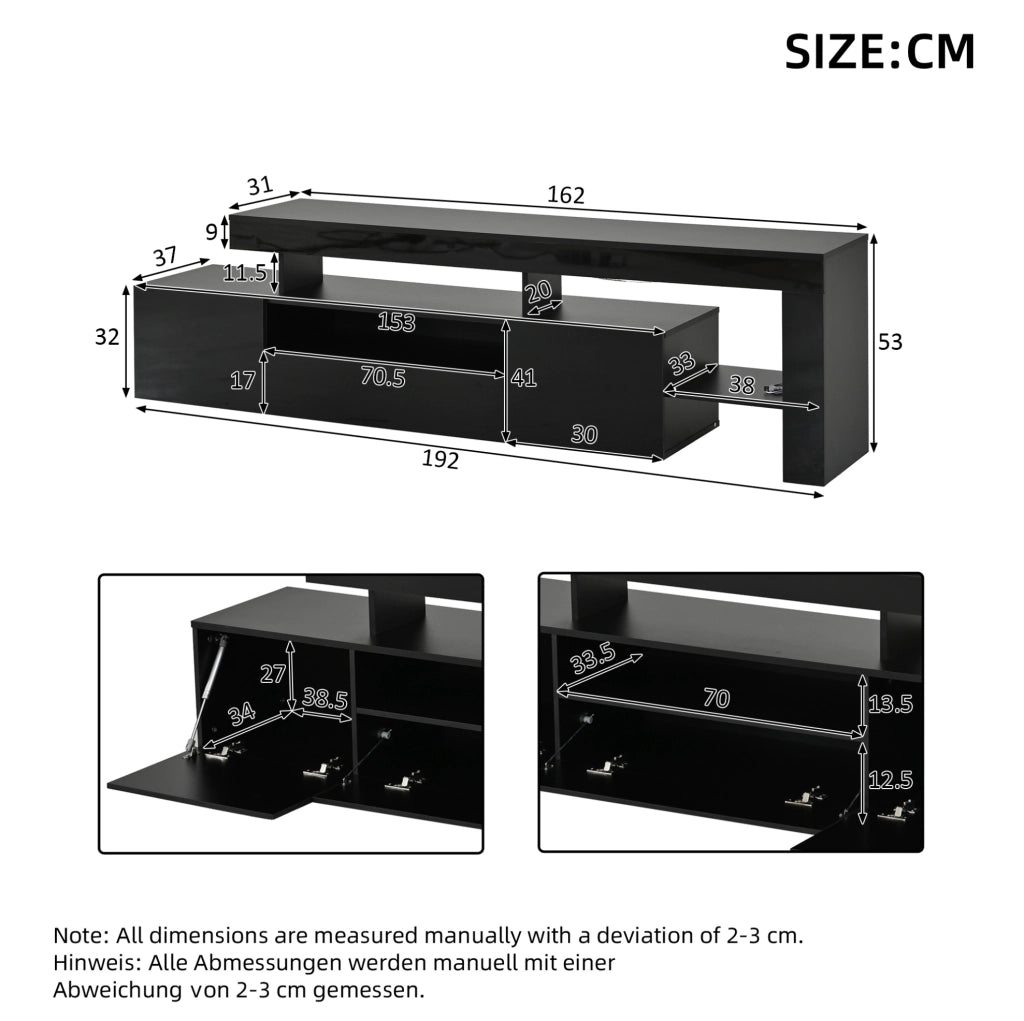 MOBILE TV con LED 192x37x53 cm Nero in Truciolare con 3 ante