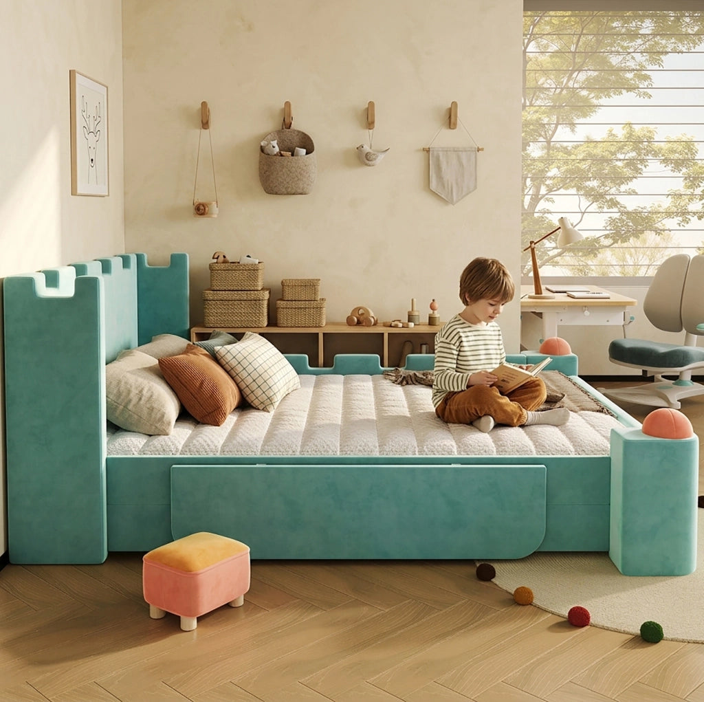 Letto imbottito 140x200 cm con sponda pieghevole e cassetto contenitore in velluto blu-verde