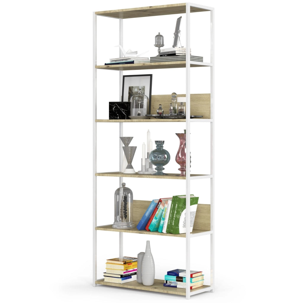 Scaffale stilo loft con ripiani in legno 80 cm Bianca 80 cm inserto frontale Quercia Artisan 80x32x192 cm