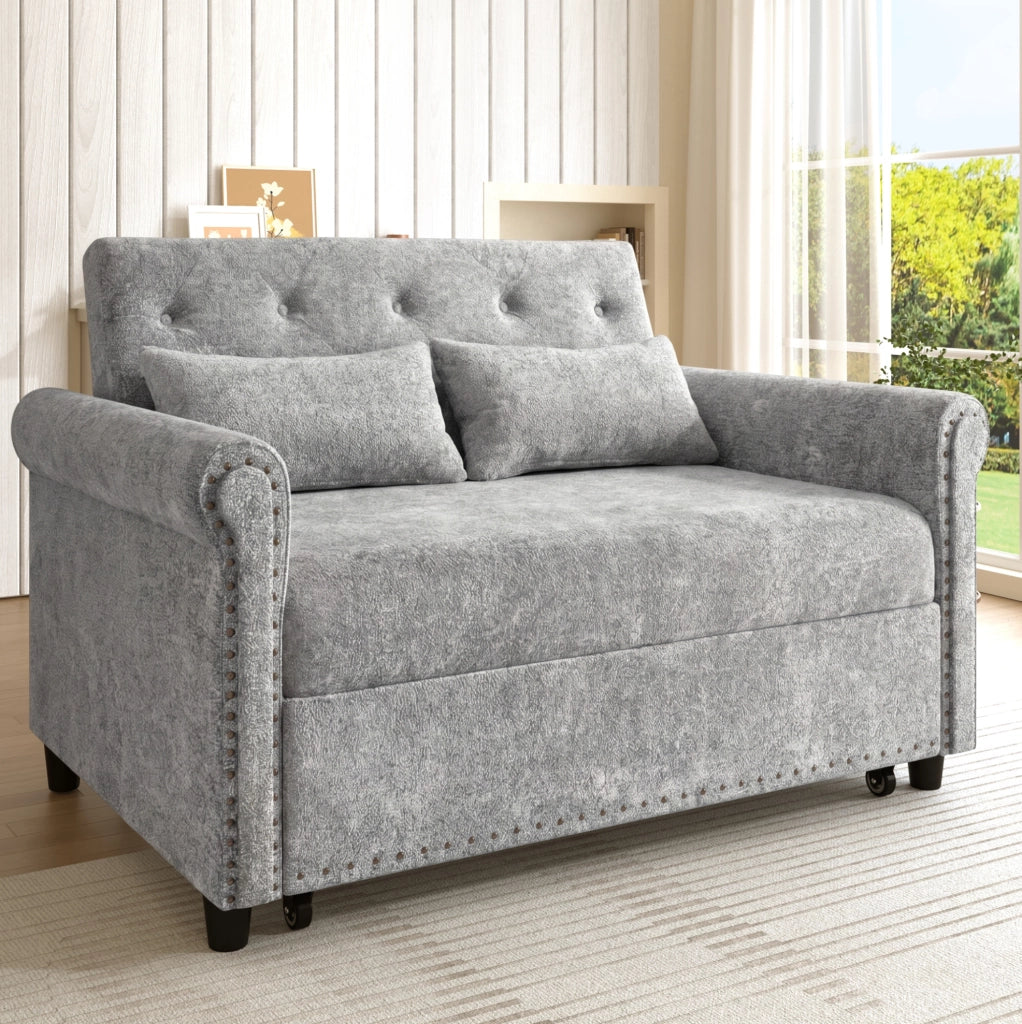 Divano letto 3 in 1 2 posti con schienale reclinabile a 3 posizioni; grigio in chenille