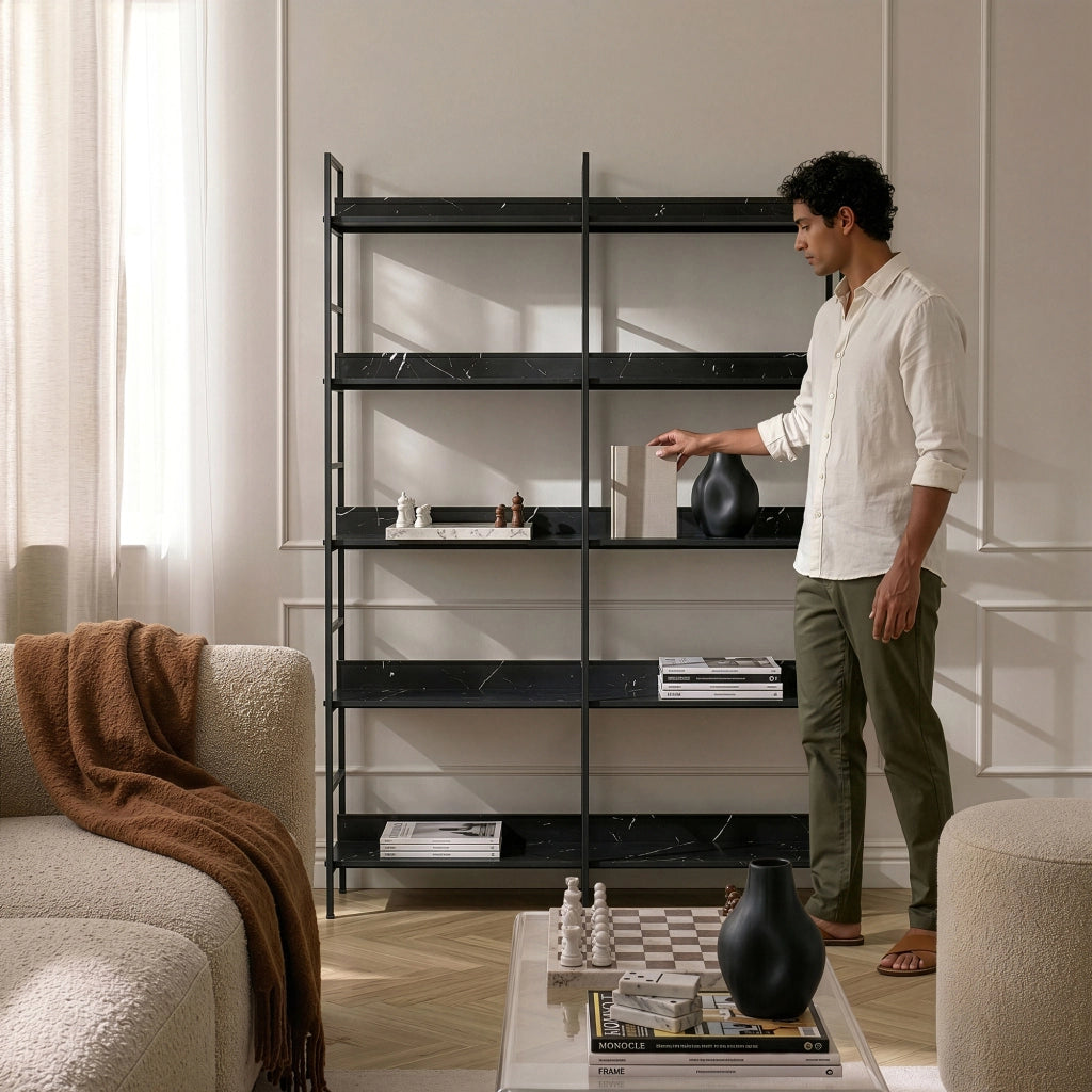 Libreria Noskik Scaffale da Terra con Ripiani 180 x 120 x 30 cm - Nero / Effetto Marmo Nero [en.casa]