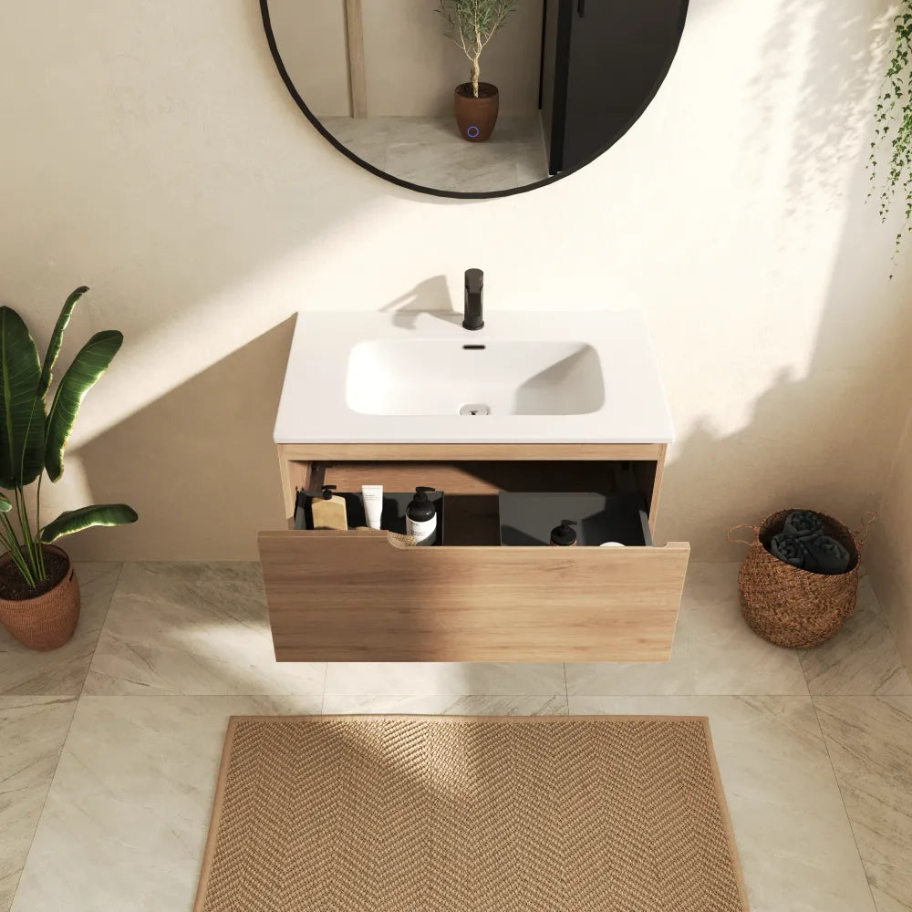 Mobile bagno sospeso 70 cm un cassetto rovere chiaro con lavabo | Berg