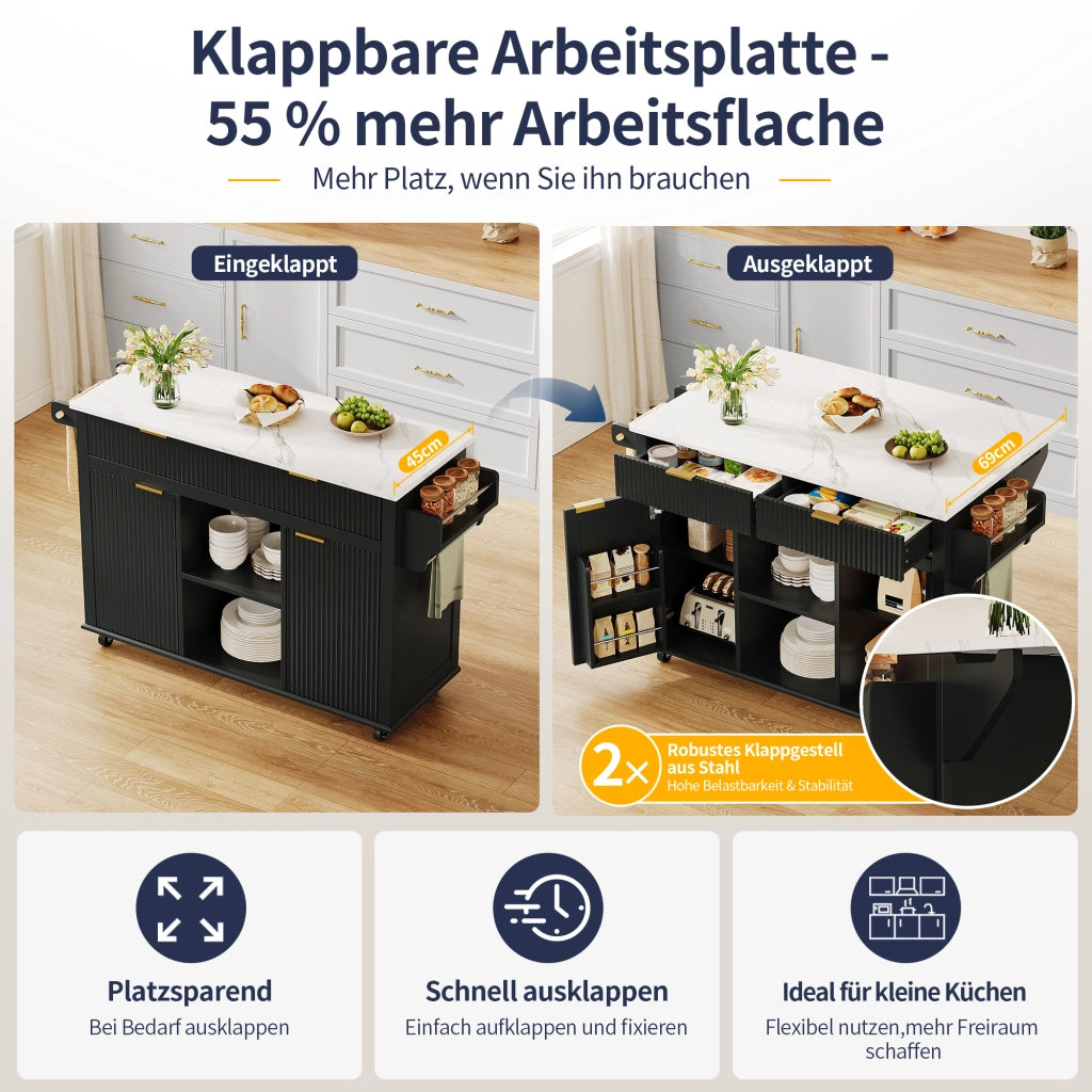 ISOLA DA CUCINA con piano ribaltabile 143x45(69) cm MDF Nero/Naturale
