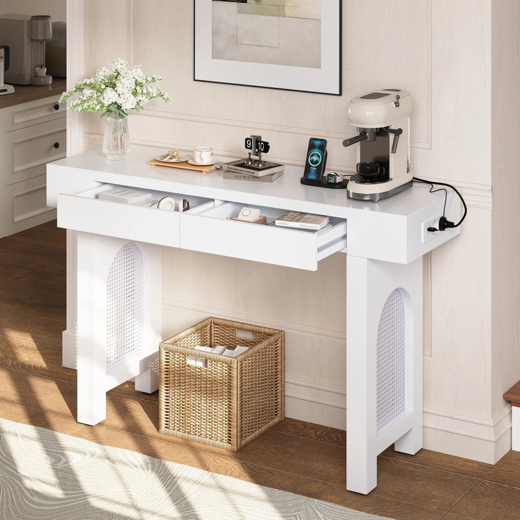 Consolle in MDF con 2 cassetti e presa integrata, design a griglia, per ingresso e soggiorno, bianco, 120 × 35,5 × 76,5 cm
