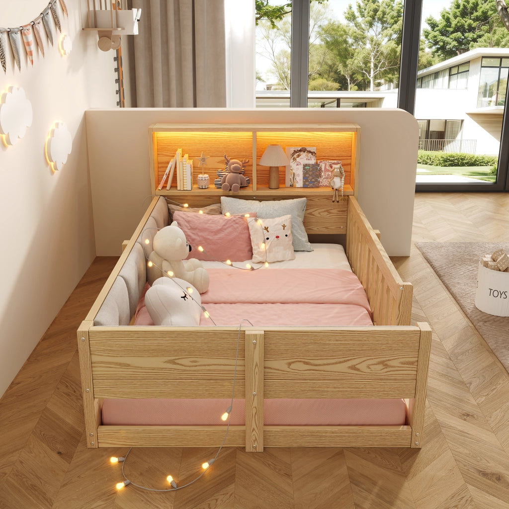 Letto per bambini 90 × 200 cm con barriera, testiera con contenitore e LED, senza materasso, naturale