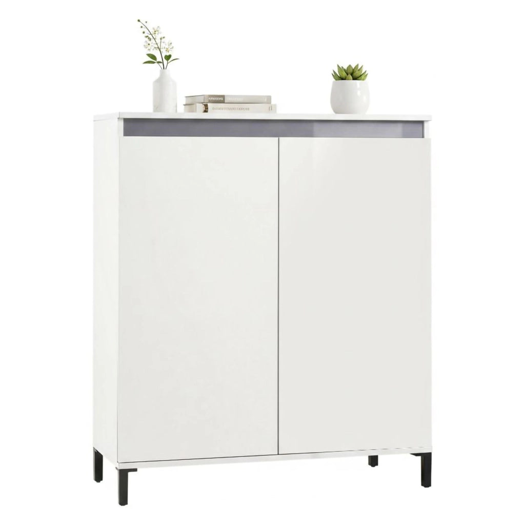 Credenza Iwao, Buffet da soggiorno, Madia da salotto, Dispensa da cucina, Made in Italy, 100x40h110 cm, Bianco lucido e Antracite
