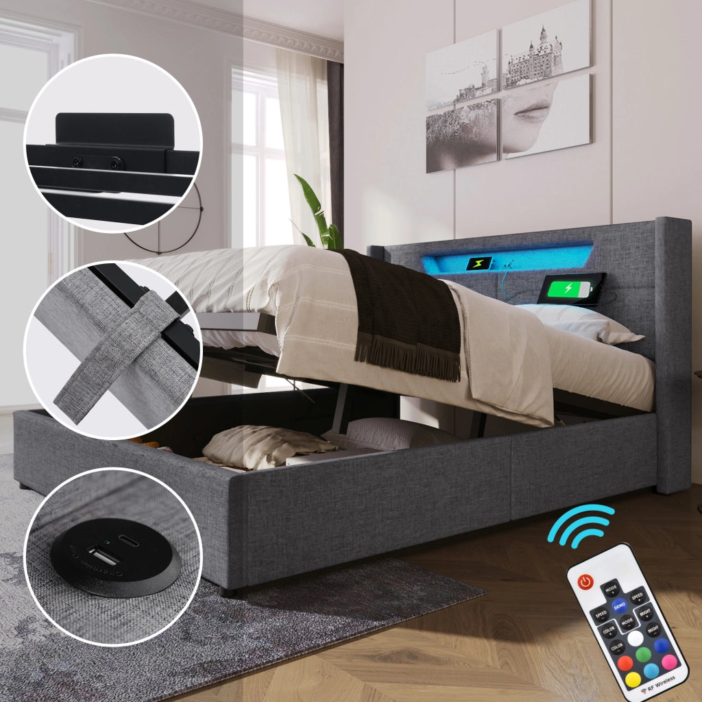 LETTO MATRIMONIALE 140x200 cm Grigio in Lino con LED e presa USB Type C