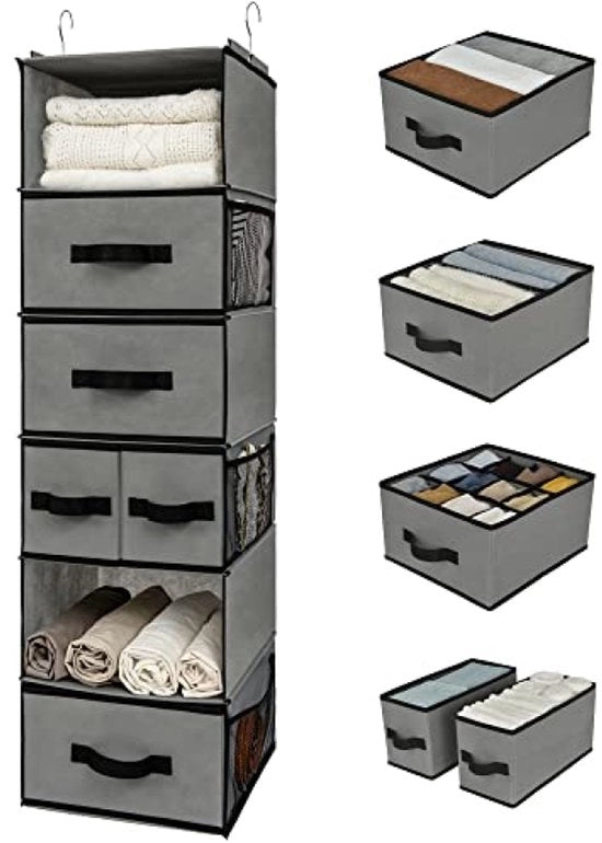 Organizzatore a Sospensione con 6 Cestelli - Appoggio Vestibilità - Grigio Pannelli di Stoccaggio Sospesi Cabina Armadio