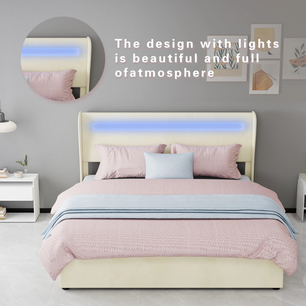 Letto imbottito ULEVR 160x200 cm con testiera regolabile e illuminazione LED multicolore, beige