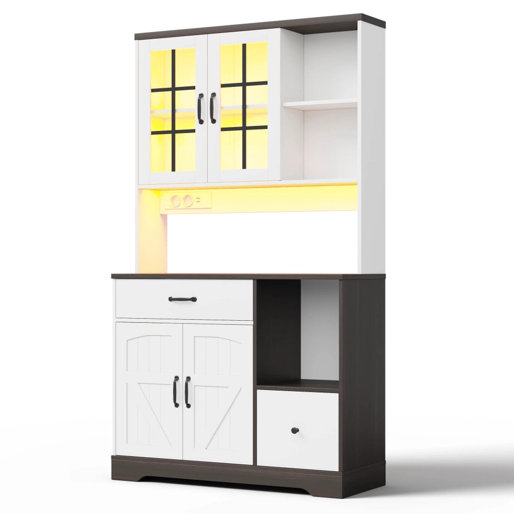 Credenza da cucina vintage con LED RGB, prese USB/AC, ripiani regolabili e cassetti, 105x40x185 cm