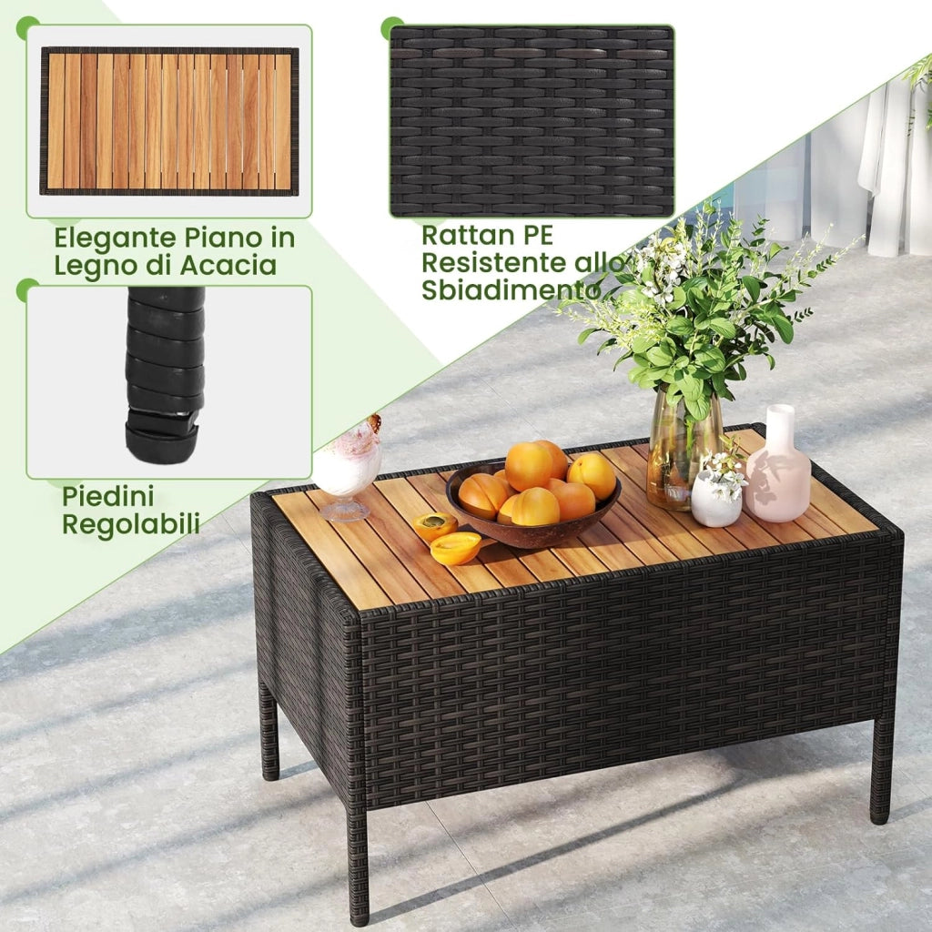 Salotto da Giardino Esterno 4 Pezzi in Rattan, Set da Conversazione da Esterno con 1 Tavolino Basso, 1 Divanetto e 2 Sedie, Cuscini Sfoderabili, per Patio, Balcone, Piscina