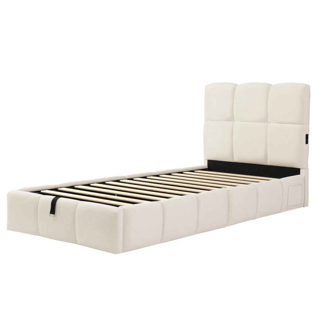 Letto singolo per bambini 90x200 cm con contenitore idraulico; USB C; velluto beige
