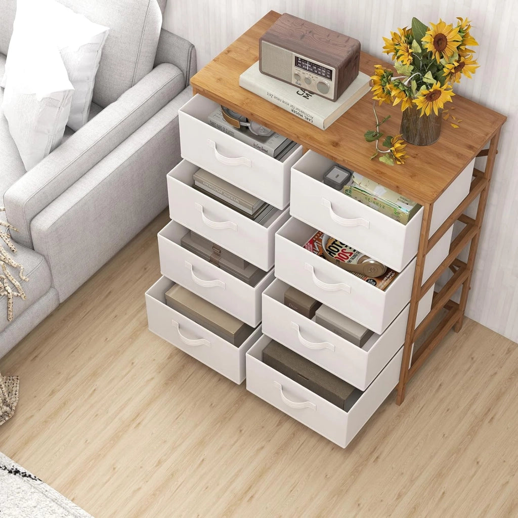 Cassettiera con 8 cassetti in tessuto, cassettiera con protezione antiribaltamento, armadio sottile con superficie in bambù, per camera da letto, soggiorno, ufficio