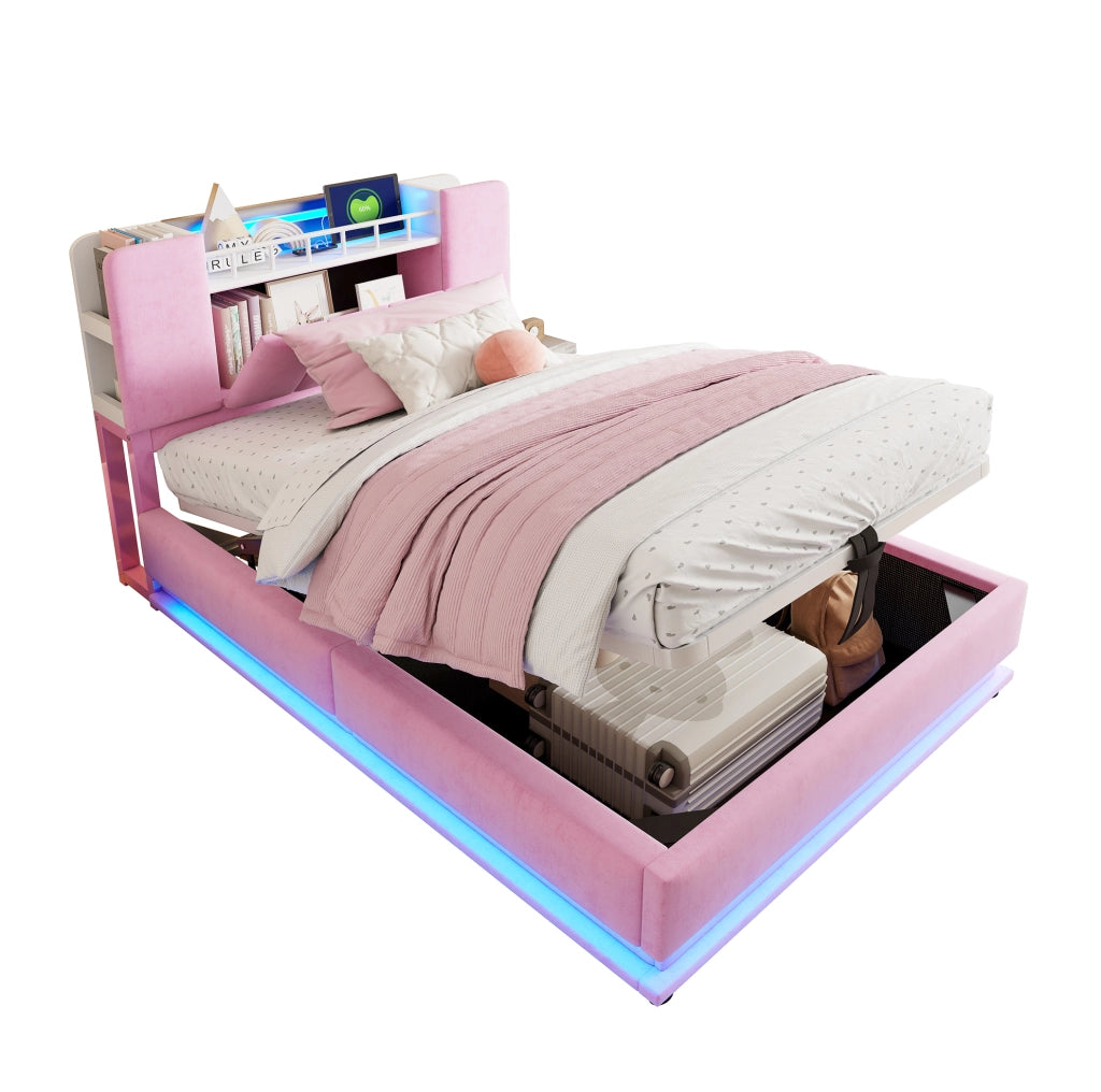 Letto imbottito per bambini 90x200 cm con LED; USB e contenitore idraulico; velluto rosa