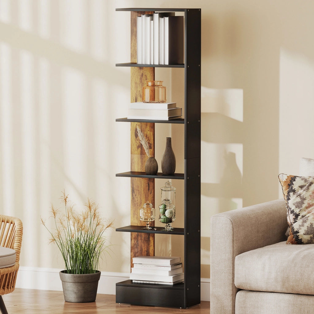 Libreria Moderna Salvaspazio a 5 Ripiani in Legno 45x21x170 cm, Marrone e Nero