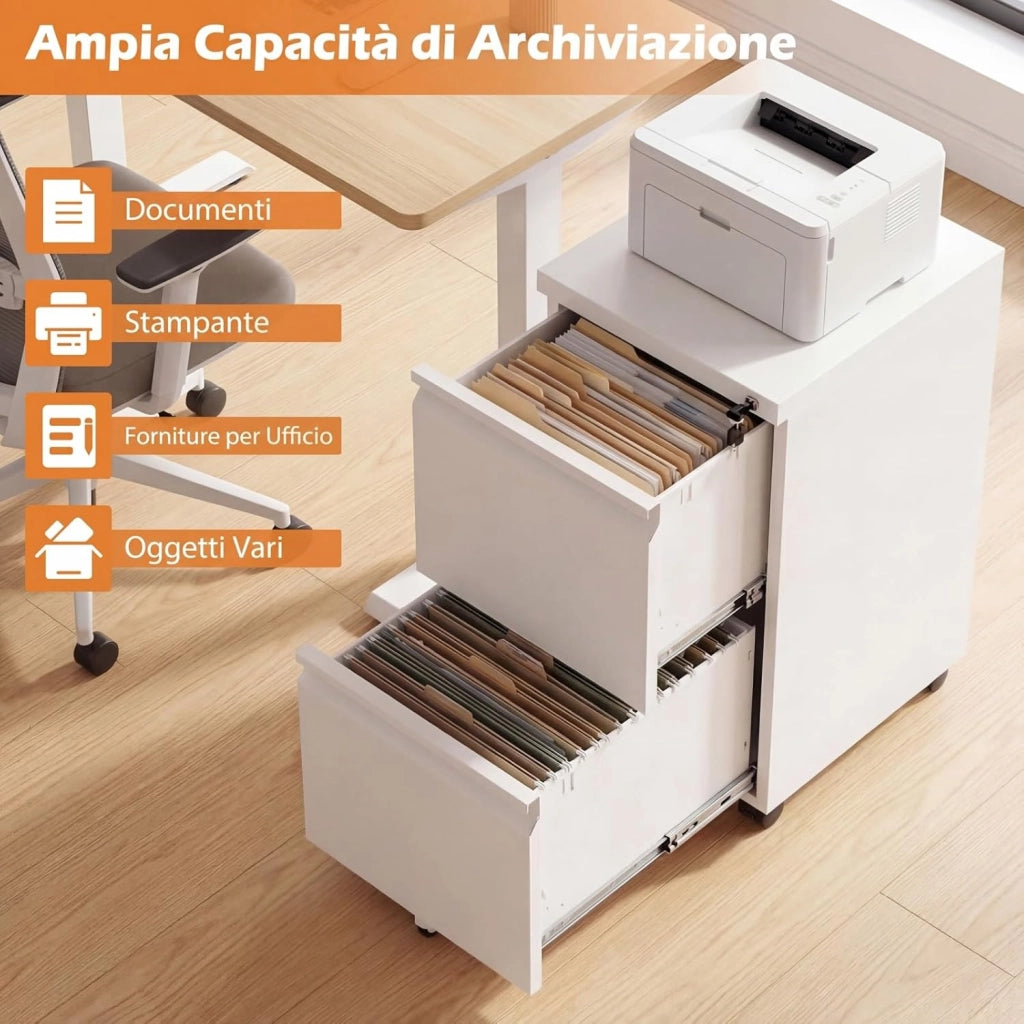 Cassettiera da Ufficio a 2 Cassetti, Mobiletto per Documenti con 5 Ruote e Serratura, Schedario da Ufficio in Acciaio per File Formato A4, Letter e Legal, 37 x 44 x 67 cm